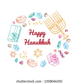 Jewish holiday Hanukkah greeting card. Doodle Set of traditional Chanukah symbols isolated on white - dreidels, Hebrew letters, donuts, menorah candles, star David glowing lights. Vector template.