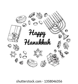 Jewish holiday Hanukkah greeting card. Doodle Set of traditional Chanukah symbols isolated on white - dreidels, Hebrew letters, donuts, menorah candles, star David glowing lights. Vector template.