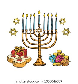 Jewish holiday Hanukkah greeting card. Doodle Set of traditional Chanukah symbols isolated on white - dreidels, Hebrew letters, donuts, menorah candles, star David glowing lights. Vector template.