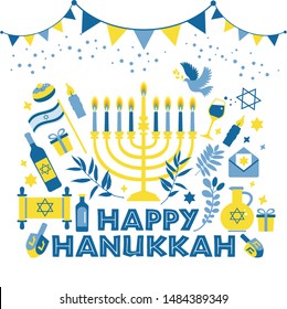 Jewish holiday Hanukkah greeting card traditional Chanukah symbols - wooden dreidels spinning top and Hebrew letters, donuts, menorah candles, oil jar, star David illustration.