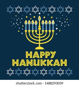 Jewish holiday Hanukkah greeting card traditional Chanukah symbols - menorah candles, star David illustration on blue.