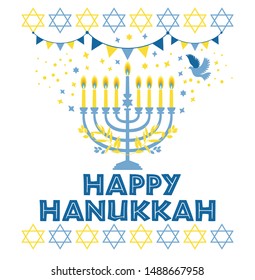 Jewish holiday Hanukkah greeting card traditional Chanukah symbols - menorah candles, star David illustration on white.