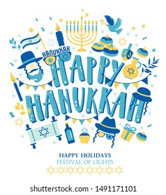 Jewish holiday Hanukkah greeting card and invitation traditional Chanukah symbols -dreidels spinning top, donuts, menorah candles, oil jar, star David illustration.