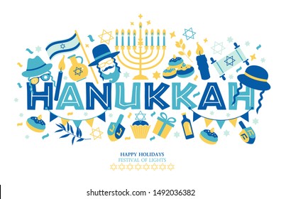 Jewish holiday Hanukkah greeting card and invitation traditional Chanukah symbols -dreidels spinning top, donuts, menorah candles, oil jar, star David illustration.