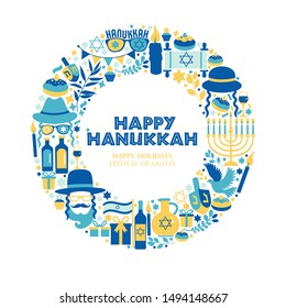 Jewish holiday Hanukkah greeting card traditional Chanukah symbols- dreidels spinning top, donuts, menorah candles, oil jar, star David illustration in wreath.