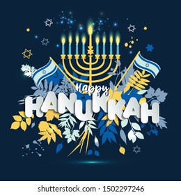 Jewish Holiday Hanukkah Greeting Card And Invitation Traditional Chanukah Symbols -menorah Candles, Star David Illustration.