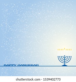 Jewish holiday Hanukkah Greeting Card with Menorah Lamp, candles, flames, highlights and white snowflaks on blue color background.