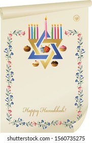 Jewish holiday Hanukkah  greeting card . Vector illustration with  menorah, dreidels, doughnut and gold  stamp with Hanukkah menorah .