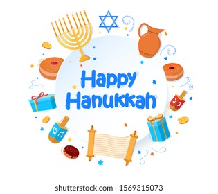 Jewish holiday Hanukkah greeting card traditional Chanukah symbols wooden dreidels spinning top, Hebrew letters, donuts, menorah candles, oil jar, star David glowing lights pattern Vector template