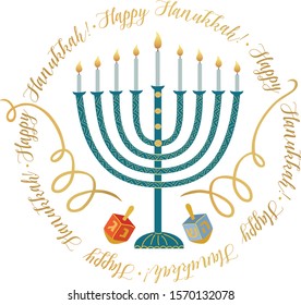 Jewish holiday Hanukkah  greeting card . Vector illustration with  menorah and  Hanukkah dreidels.
