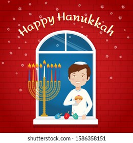 Jewish holiday Hanukkah greeting card Boy with traditional Chanukah symbols donuts, menorah, candles, oil jar, glowing lights , dreidels spinning top , Hebrew letters, coins, star David 