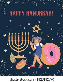 Jewish holiday Hanukkah greeting card template with traditional symbols such as spinning tops and donuts, menorah candles. Hanukkah festive background with child girl holding doughnut, flat vector.