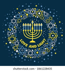 Jewish holiday Hanukkah greeting card traditional Chanukah symbols - menorah candles, star David illustration on blue. Love and light.