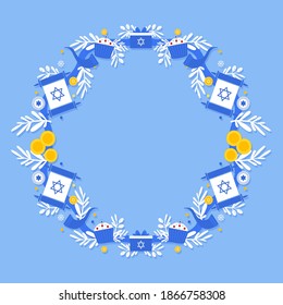 Jewish holiday Hanukkah greeting card traditional Chanukah symbols- dreidels spinning top, donuts, menorah candles, oil jar, star David illustration in wreath