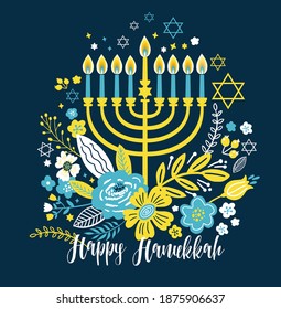 Jewish holiday Hanukkah greeting card traditional Chanukah symbols - menorah candles, star David, flowers illustration on blue. Lettering headline.