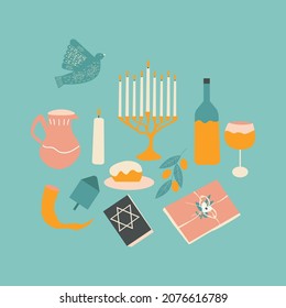 Jewish holiday Hanukkah greeting card traditional Chanukah symbols -  dreidel, shofar, donuts, dove,  menorah candles, oil jar, star David, wine, tora, jug. Vector illustration. 