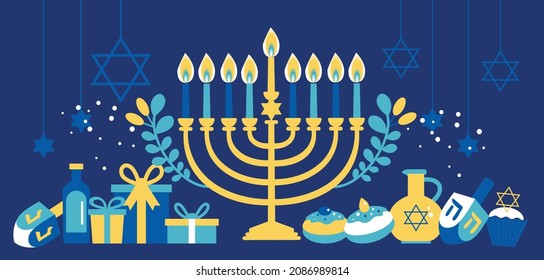 Jewish holiday Hanukkah greeting card traditional Chanukah symbols - menorah candles, star David illustration on blue.