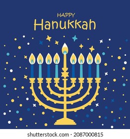 Jewish holiday Hanukkah greeting card traditional Chanukah symbols - menorah candles with star illustration on blue.