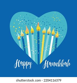 Jewish holiday Hanukkah greeting card traditional Chanukah symbols - menorah candles in heart illustration on blue.