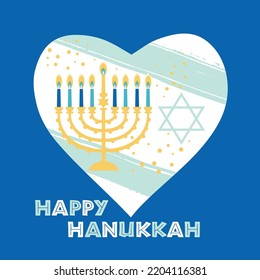 Jewish holiday Hanukkah greeting card traditional Chanukah symbols - menorah candles in heart illustration on blue. israel flag background