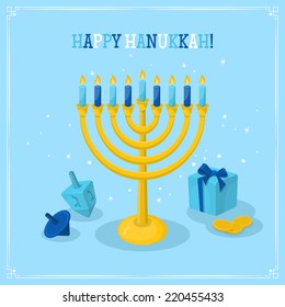 Jewish Holiday Hanukkah greeting card design. Vector illustration