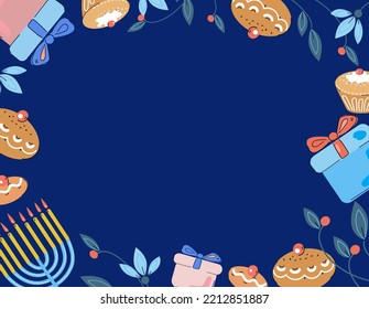 Jewish holiday Hanukkah greeting card and banner design. flat doodle vector illustration.