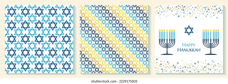 Jewish holiday Hanukkah greeting card traditional Chanukah symbols - menorah candles, David Star illustration in blue, yellow. Love and light Happy Hanukkah card. Hanukah holiday David Spar seamless