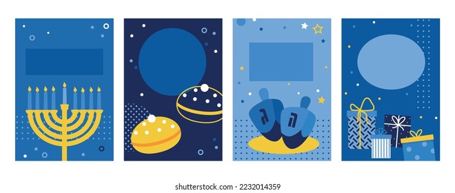 Jewish holiday Hanukkah, greeting card set in minimalistic style. traditional greetings. Hnaukkah Menorah, Jewish donut Sufganiyot, Dreidel and oil. happy Hanuka. vector illustration