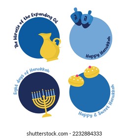 Jewish holiday Hanukkah, greeting card set in minimalistic style. traditional greetings. Hnaukkah Menorah, Jewish donut Sufganiyot, Dreidel and oil. happy Hanuka. vector illustration