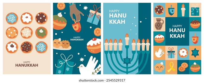 Jüdischer Feiertag Hanukkah Grußkartenset mit niedlichen handgezeichneten Elementen. Kinderdruck für Aufkleber, Karten und Einladungen. Vektorgrafik