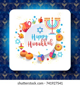 Jewish holiday Hanukkah greeting card traditional Chanukah symbols - wooden dreidels (spinning top), Hebrew letters, donuts, menorah candles, oil jar, star David glowing lights pattern Vector template