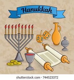 Jewish holiday Hanukkah greeting card. Traditional menora, candle, cup of wine, jug of oil, dreidel with Hebrew letters, Torah scroll, incense box. Vector illustration.