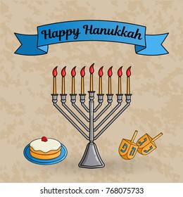 Jewish holiday Hanukkah greeting card. Traditional menora with burning candles, dreidels with Hebrew letters, donut with jam called sufganiyah. Vector illustration.