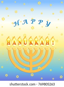 Jewish holiday of Hanukkah, greeting card with hanukkah menorah - traditional nine-branched candelabrum, greeting inscription - Happy Hanukkah