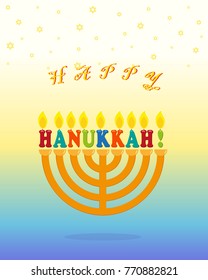 Jewish holiday of Hanukkah, greeting card with hanukkah menorah - traditional nine-branched candelabrum, greeting inscription - Happy Hanukkah