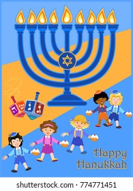 Jewish holiday Hanukkah greeting card traditional Chanukah symbols: dreidels (spinning top), Hebrew letters, donuts, menorah candles, oil jar, star David 