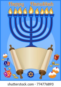 Jewish holiday Hanukkah greeting card traditional Chanukah symbols: dreidels (spinning top), Hebrew letters, donuts, menorah candles, oil jar, star David 