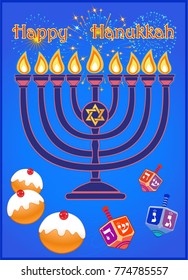 Jewish holiday Hanukkah greeting card traditional Chanukah symbols: dreidels (spinning top), Hebrew letters, donuts, menorah candles, oil jar, star David 