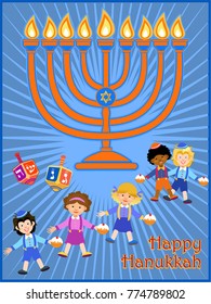 Jewish holiday Hanukkah greeting card traditional Chanukah symbols: dreidels (spinning top), Hebrew letters, donuts, menorah candles, oil jar, star David 
