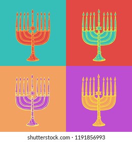 Jewish holiday Hanukkah greeting cards. Traditional Chanukah symbols isolated on white -  menorah candles, star David glowing lights. Festival of lights. Pop art vector illustration..
