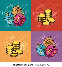 Jewish Holiday Hanukkah Greeting Cards. Set Of Traditional Chanukah Symbols -  Dreidels And Chocolate Gold Coins . Festival Of Lights Pattern. Pop Art Vector Illustration..