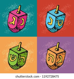 Jewish holiday Hanukkah greeting cards. Set of Traditional Chanukah symbols -  dreidels. Festival of lights pattern. Pop art vector illustration..