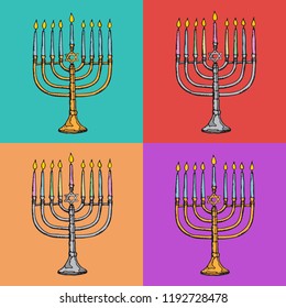 Jewish holiday Hanukkah greeting cards. Traditional Chanukah symbols -  menorah candles, star David glowing lights. Festival of lights pattern. Pop art vector illustration.. 