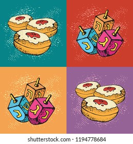 Jewish holiday Hanukkah greeting cards. Set of Traditional Chanukah symbols -  dreidels and donuts. Festival of lights pattern. Pop art vector illustration.. 