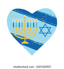 Jewish holiday Hanukkah heard greeting card traditional Chanukah symbols - menorah candles in heart illustration on blue. israel flag background