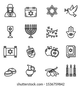 Jewish Holiday Hanukkah Icons Set With White Background. Thin Line Style Stock Vector.