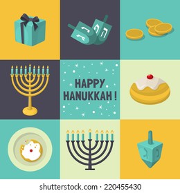 Jewish Holiday Hanukkah icons set. Vector illustration