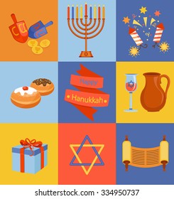 Jewish Holiday Hanukkah icons set. Vector illustration.