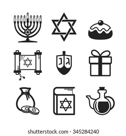 Jewish Holiday Hanukkah icons set, black and white linear elements