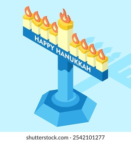 Jewish holiday Hanukkah. Menorah candlestick symbol of the Jewish religion. Isometric illustration of Menorah candle holder icon for Hanukkah holiday, candle holder for 9 candles.